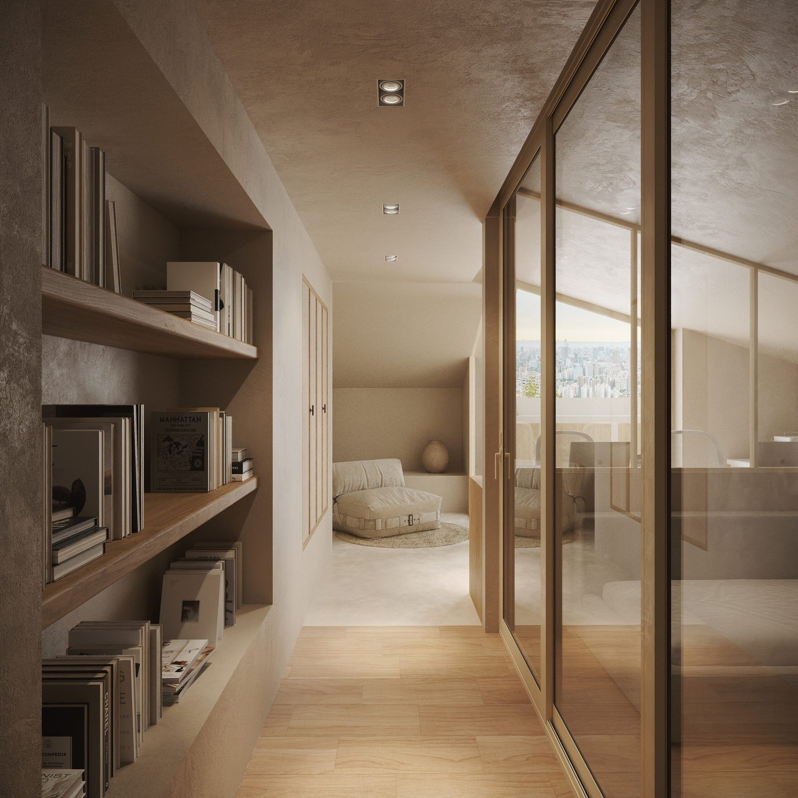 habitacion de madera con vidrio